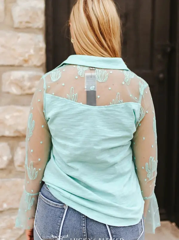 Desert Bloom Yoke Top — Mint Cactus Embroidered Mesh Sleeve Western Blouse