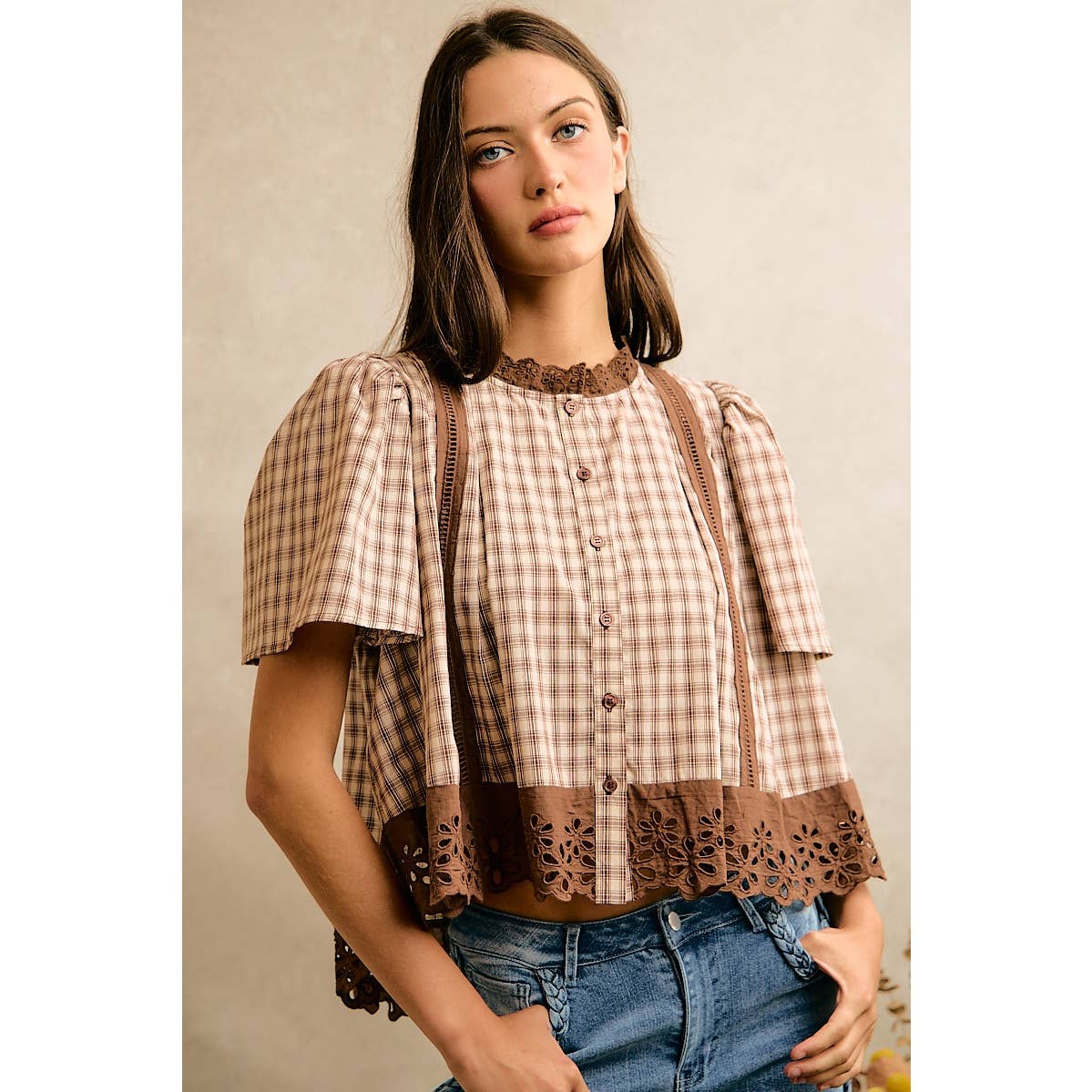 CHECK LACE TRIM FLUTTER SLEEVES BLOUSE TOP