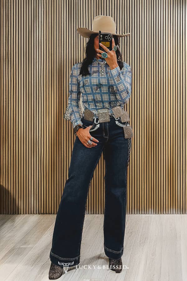 Blue Plaid Horseprint Long Sleeve Mesh Top