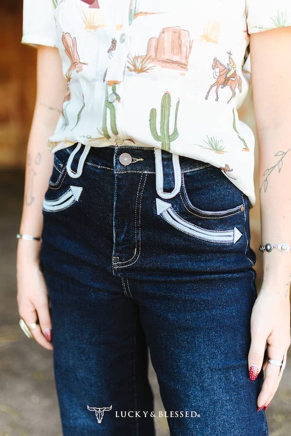 Dark Wash Western Two-Tone Stitch Flare Jeans