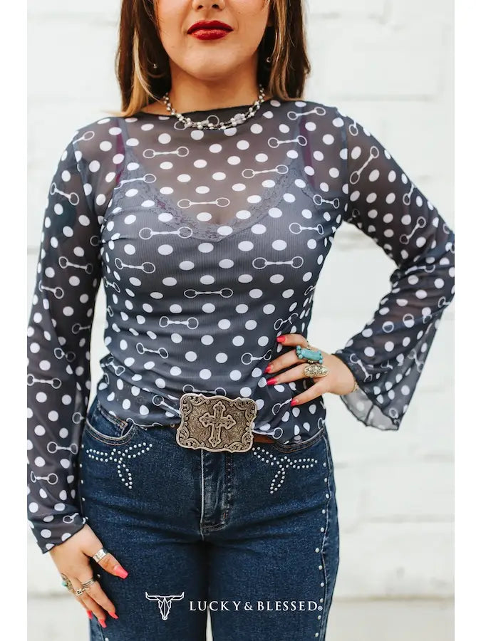 Horse Bit Mesh Top — Polka Dot Long Sleeve Western Sheer