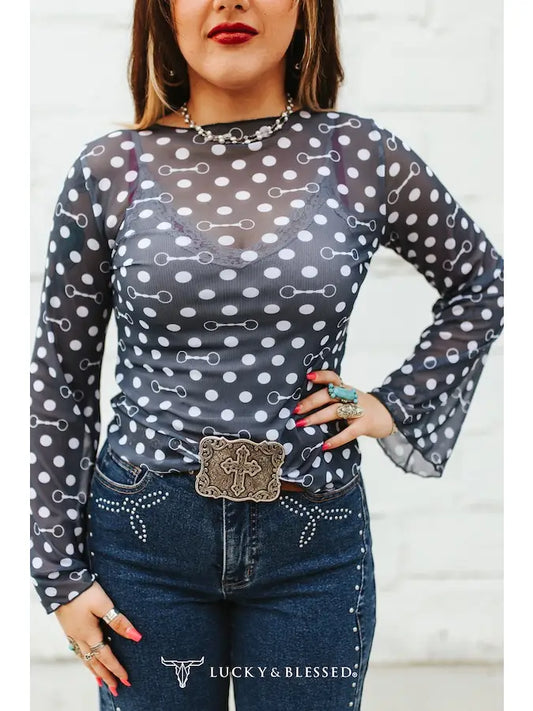 Horse Bit Mesh Top — Polka Dot Long Sleeve Western Sheer