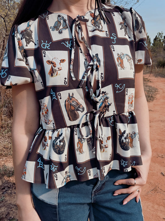Cattle Brand Poker Puff Sleeve Top