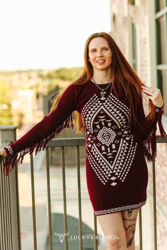 Wine & Ivory Aztec Fringe Knit Dress