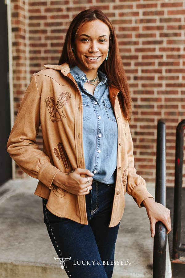 Camel Suede Western Yoke Concho Button Down Shirt
