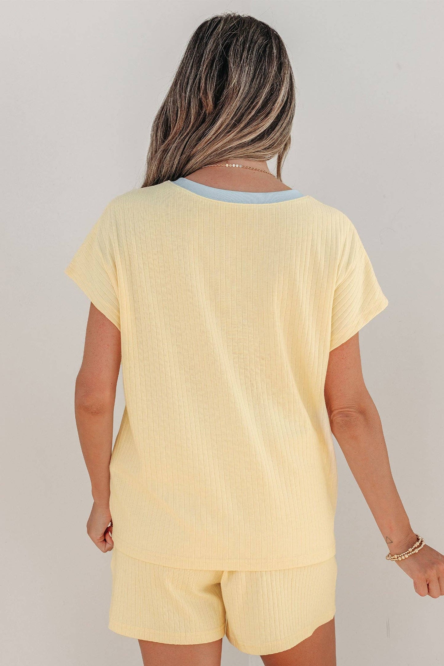 New Yellow Cream Ribbed Knit Two Piece Set Sequin Horse Casual Short Set