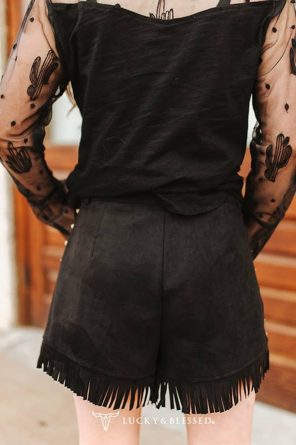 Dusty Trail Fringe Shorts – Black