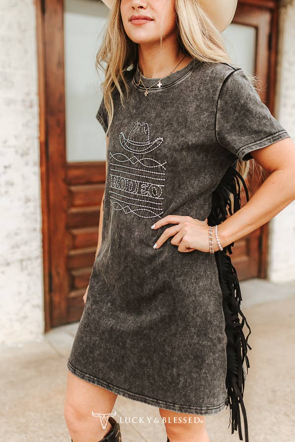 Black Mineral Wash Rodeo Embroidery Fringe T-Shirt Dress
