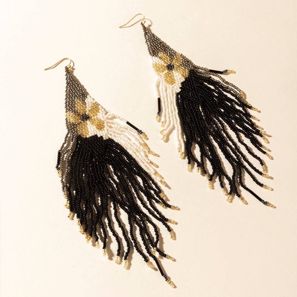 Moonlit Sage Beaded Fringe Earrings in Midnight Coal: Midnight Coal