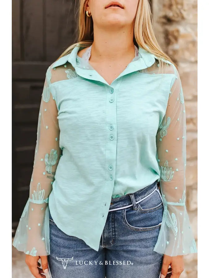 Desert Bloom Yoke Top — Mint Cactus Embroidered Mesh Sleeve Western Blouse