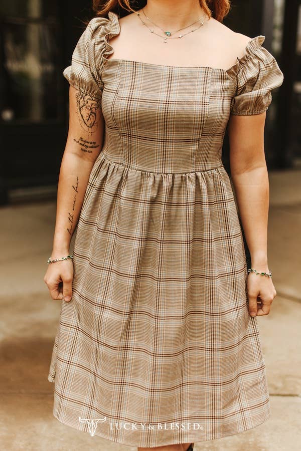  Western Plaid Puff Sleeve Cap Shoulder Dress