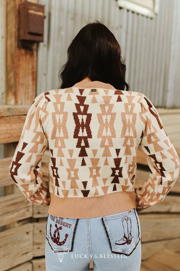 Cream Mocha Aztec Knit Sweater Cardigan Front Tie Sweater