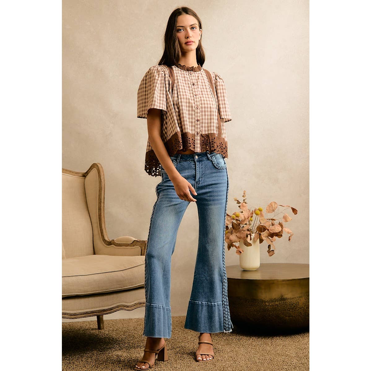 CHECK LACE TRIM FLUTTER SLEEVES BLOUSE TOP