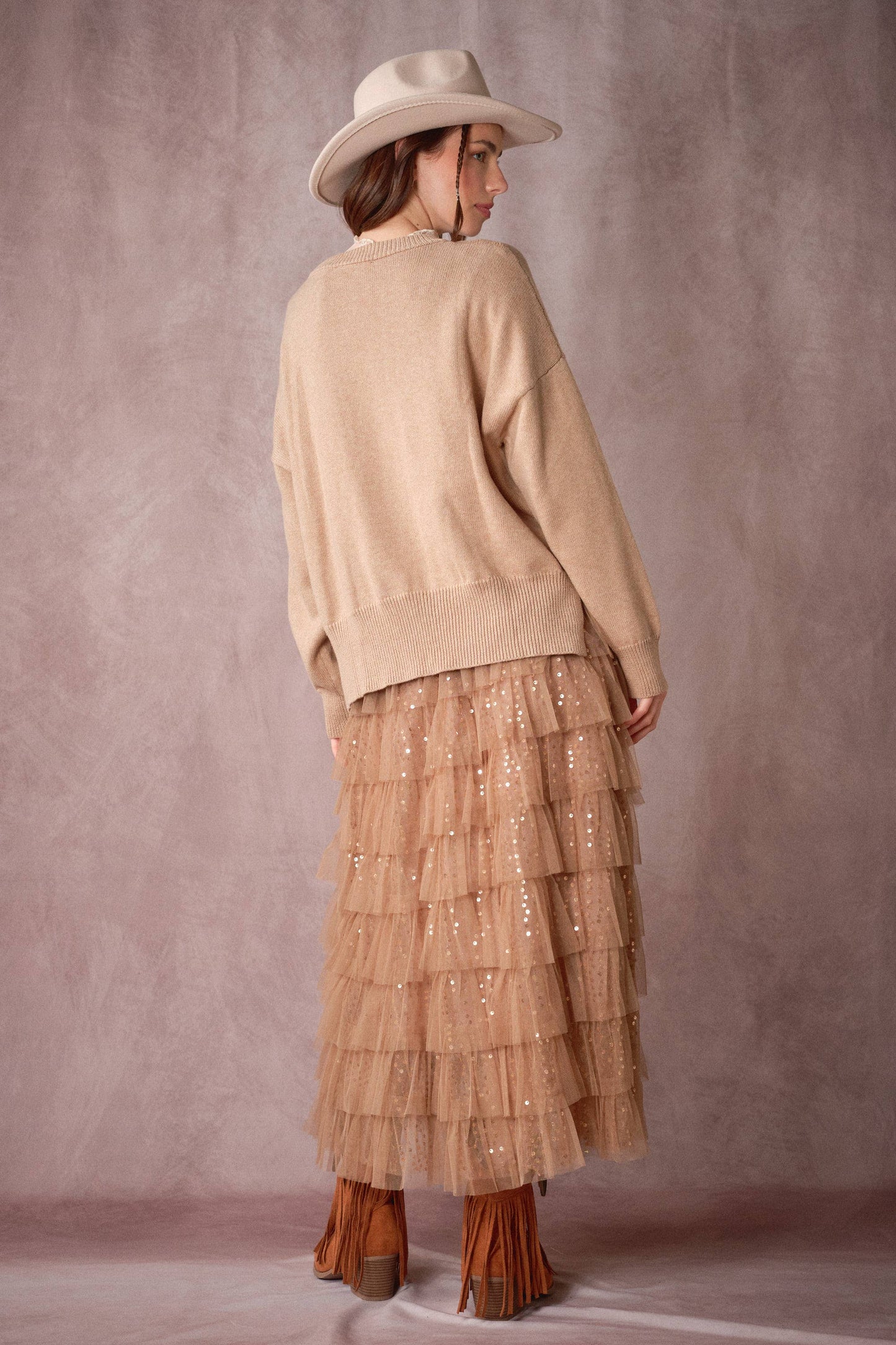Sequin Tiered Mesh Maxi Skirt