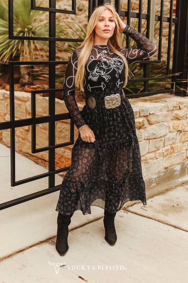 Horse Cowboy Printed Mesh Maxi Ruffle Long Sleeve Dress