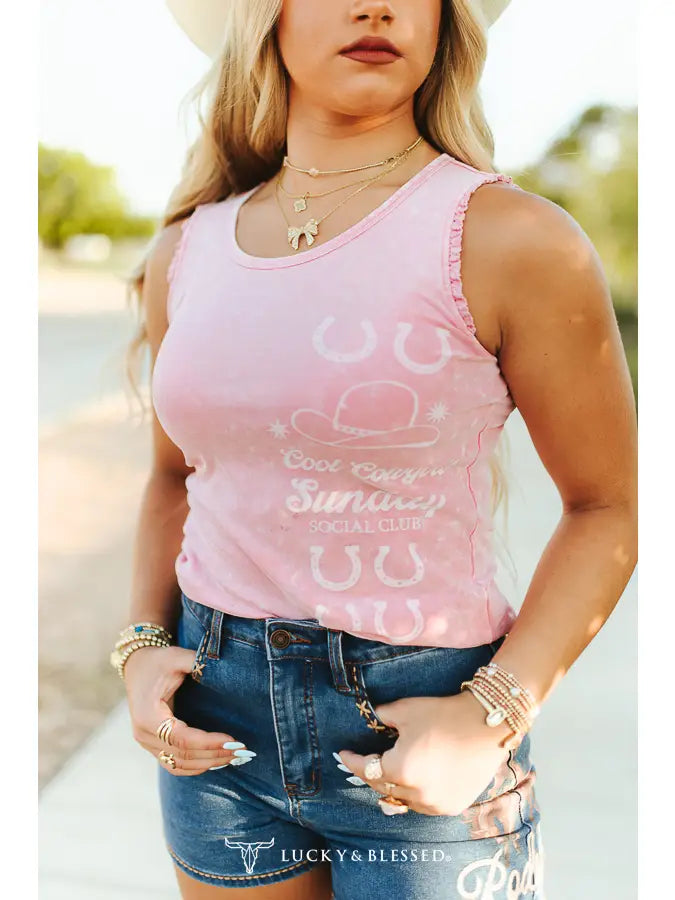 Pink Mineral Wash Cowgirl Printed Trim Detail Tank Top