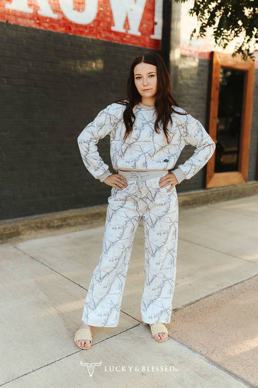 White Camo Print Cropped Sweatshirt & Pants Lounge Set XL-3XL