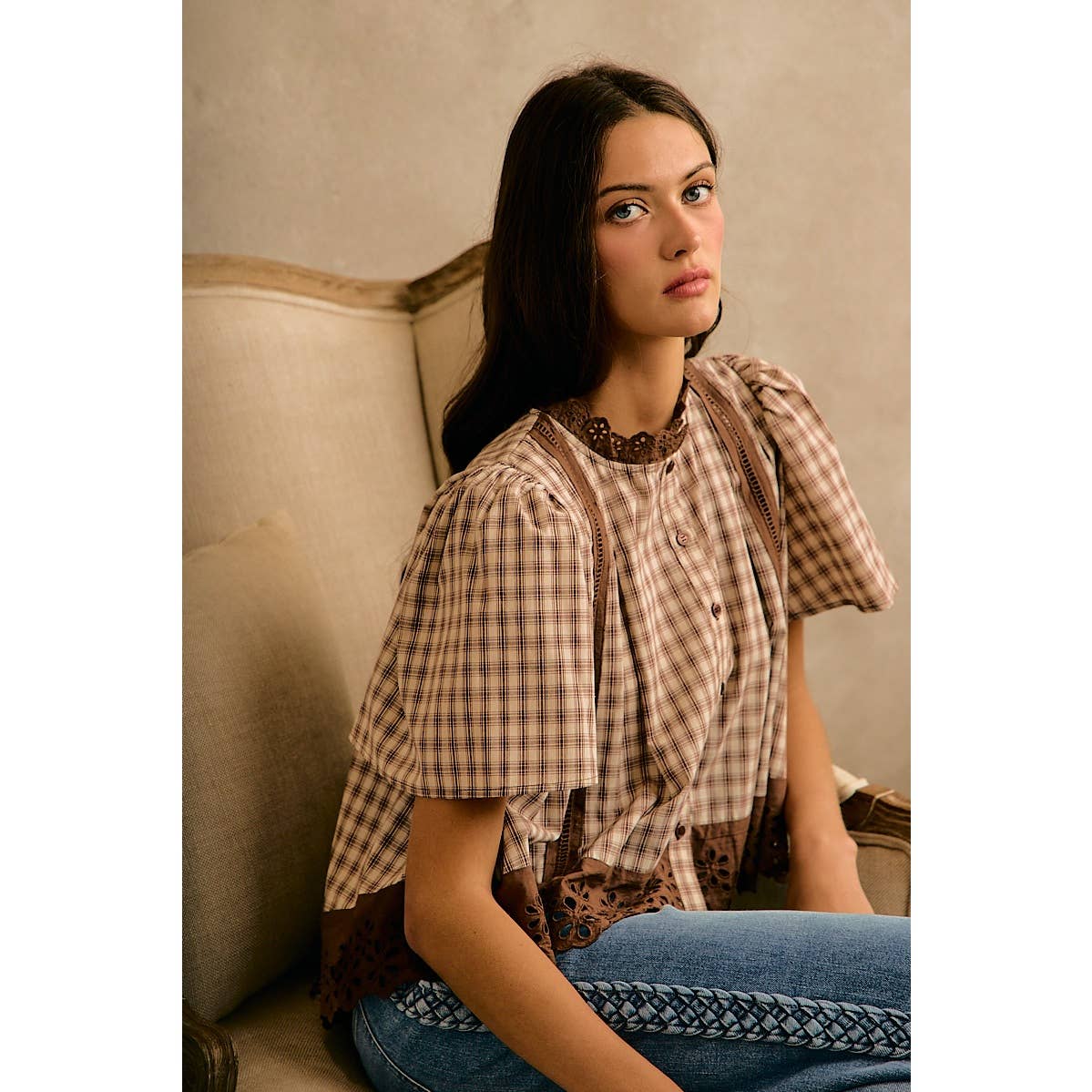 CHECK LACE TRIM FLUTTER SLEEVES BLOUSE TOP