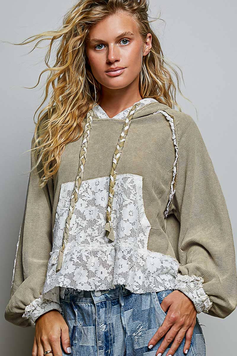 Lace & Thermal Cropped Hoodie