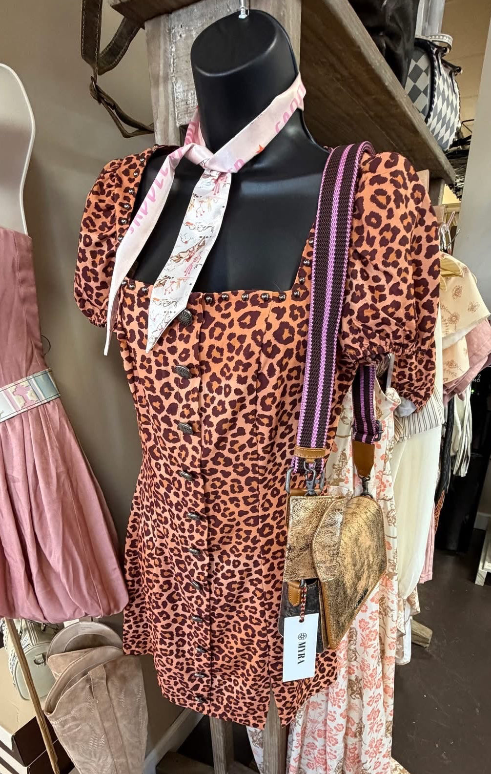Leopard Print Western Mini Dress with Puff Sleeves