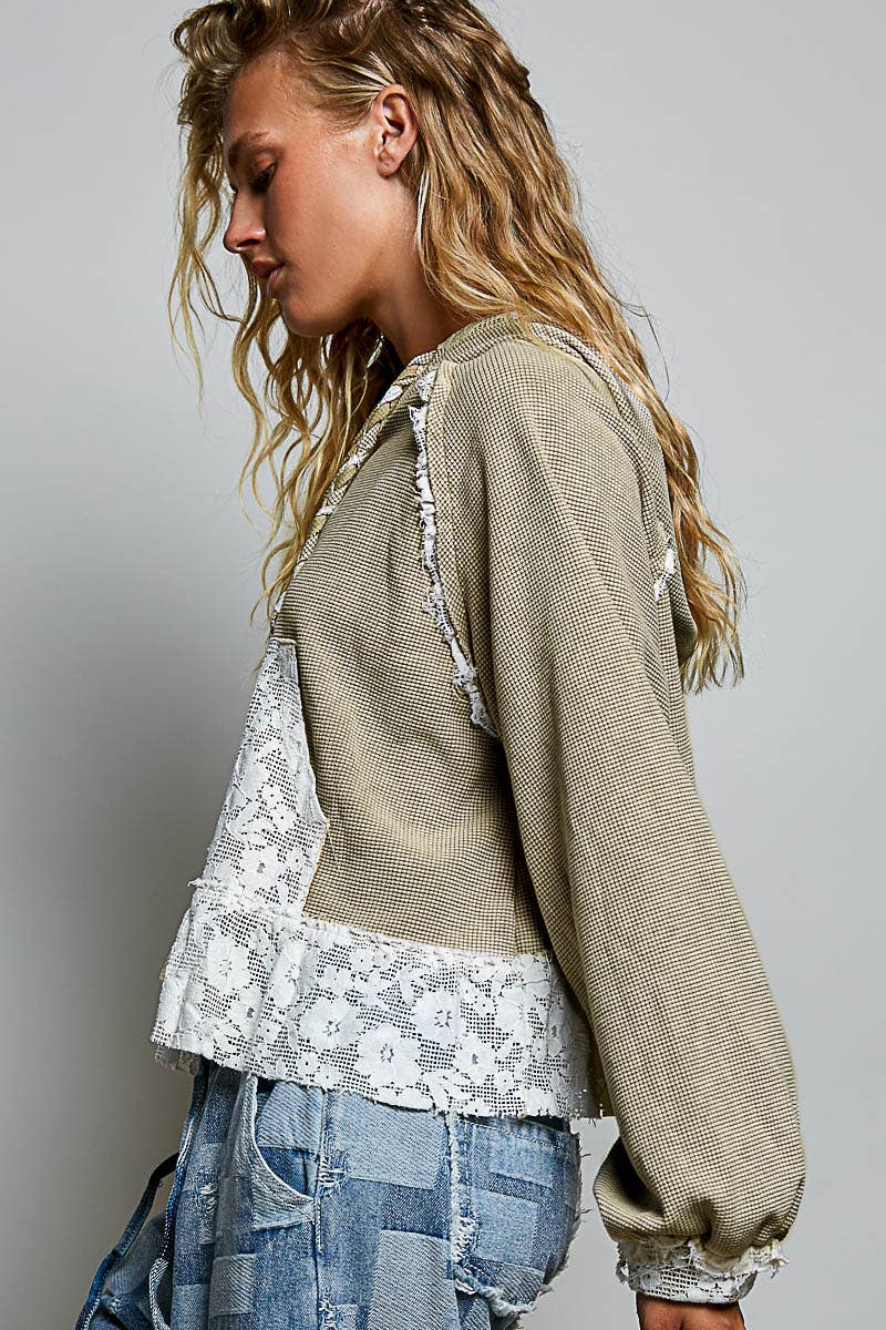 Lace & Thermal Cropped Hoodie