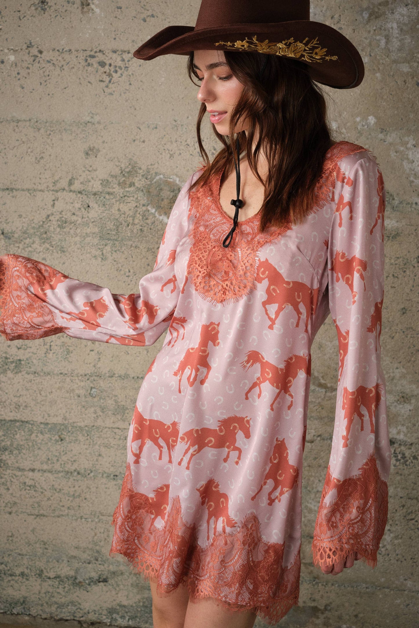 Western Horse Print Satin Lace Dress