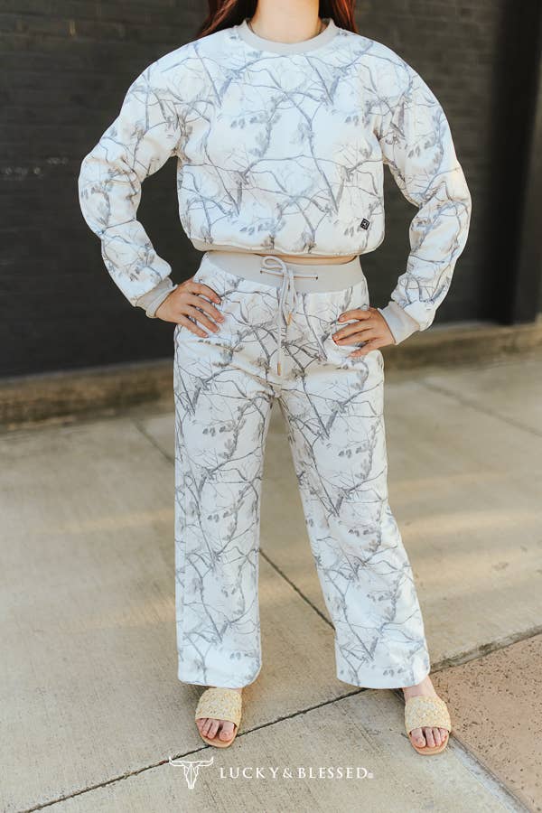 White Camo Print Cropped Sweatshirt & Pants Lounge Set XL-3XL