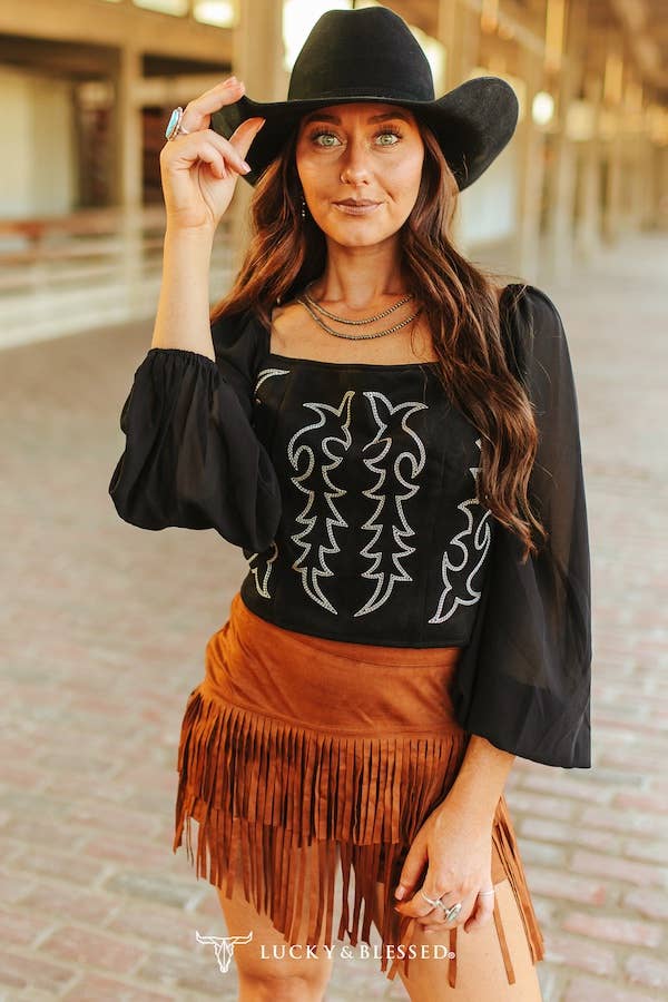 Black Western Embroidered Corset Top with Sheer Sleeves