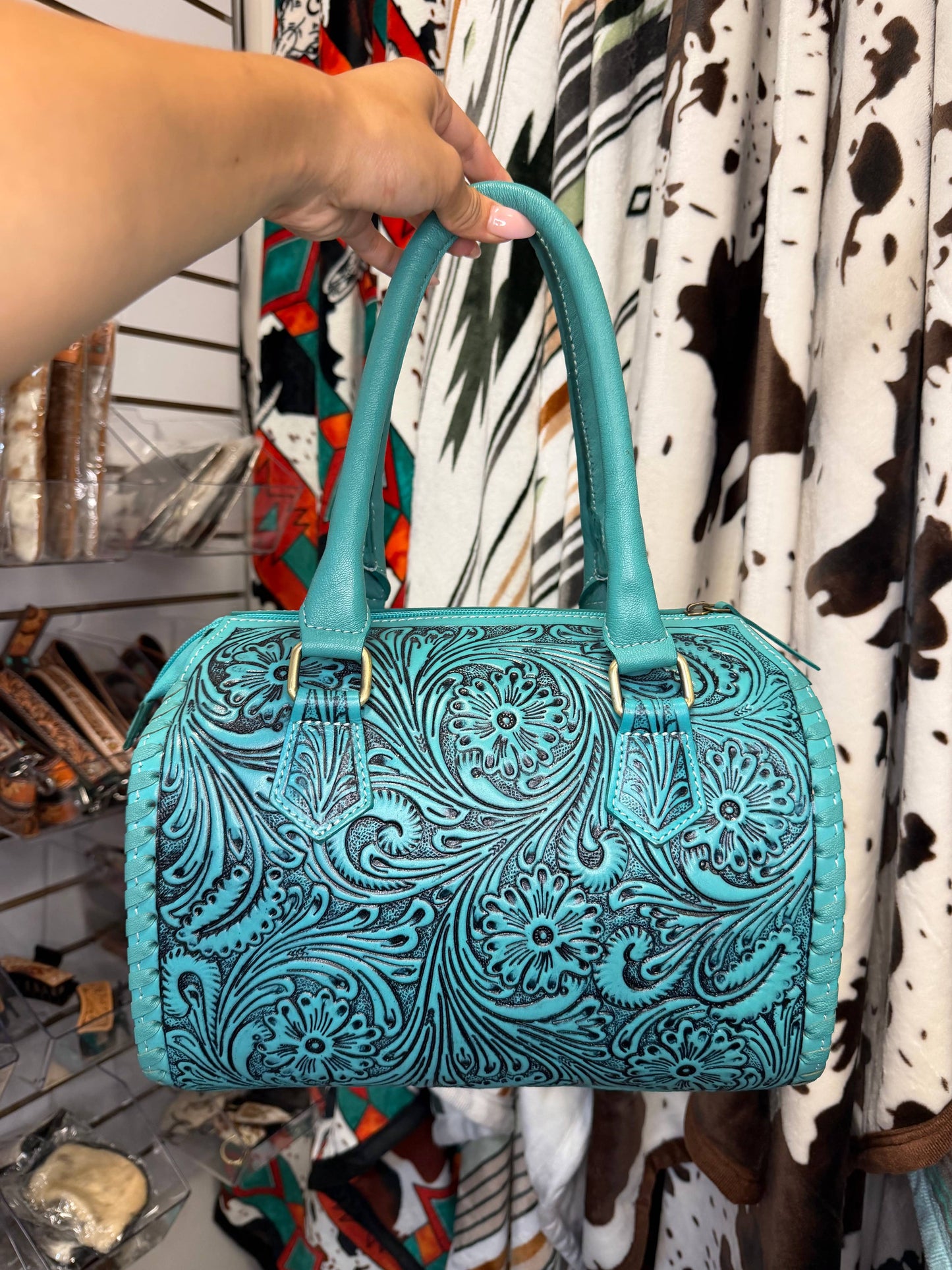 Large Turquoise Tooled Leather Speedy Purse