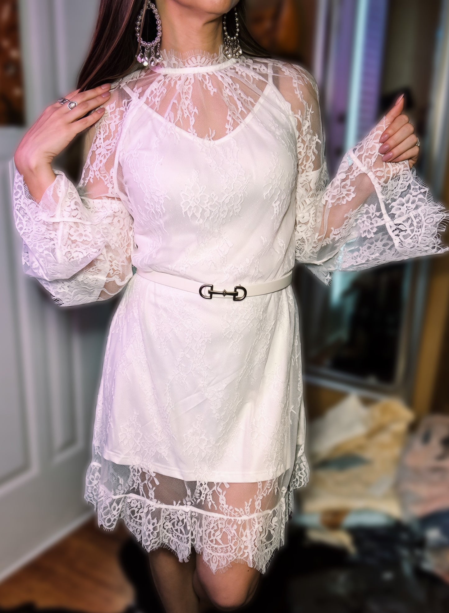 Ivory Lace Mock Neck Mini Dress