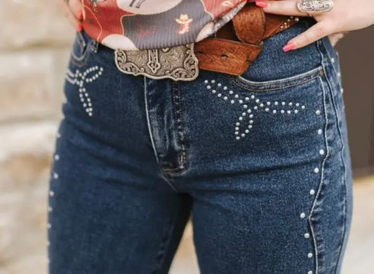 Dark Wash Western Vintage Studded High Rise Wide Leg Jeans