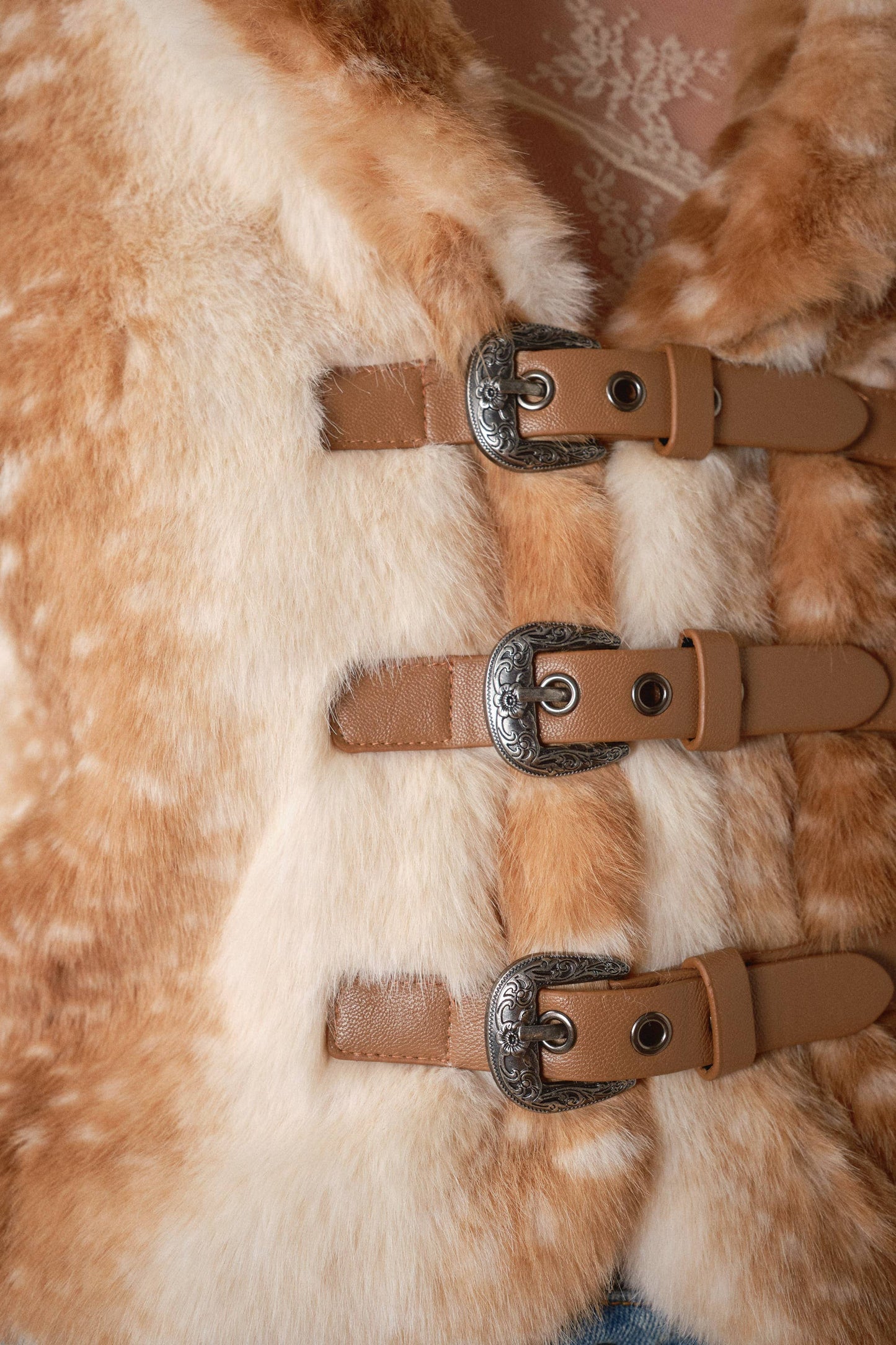 Buckled Deer Print Faux Fur Jacket