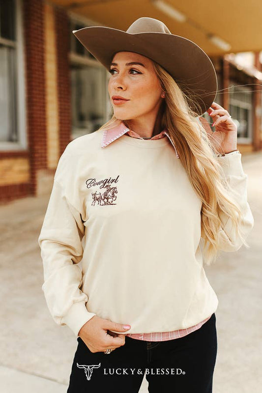 Cream Cowgirl Western Embroidered Long Sleeve Sweatshirt