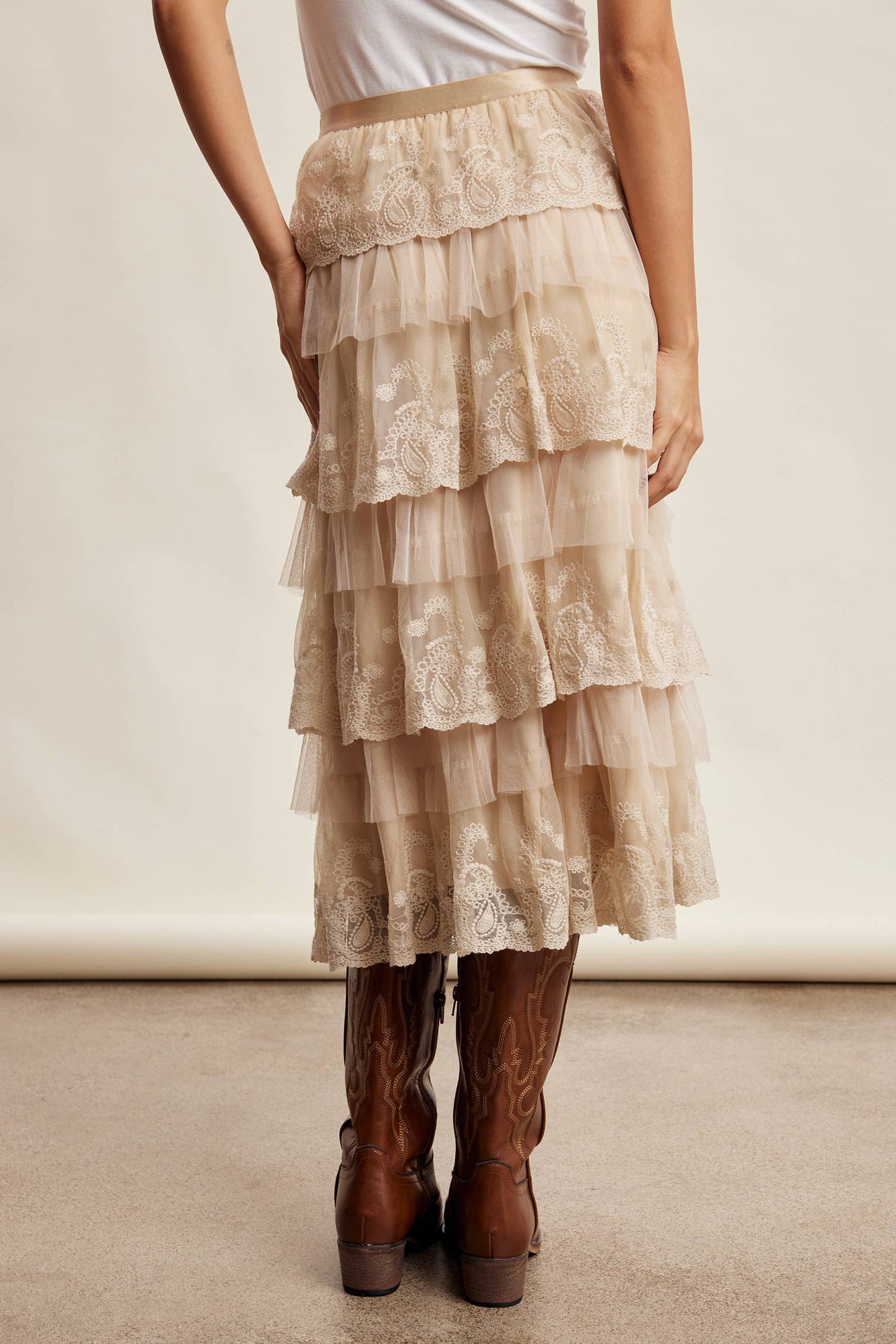 Taupe Lace Tiered Midi Skirt