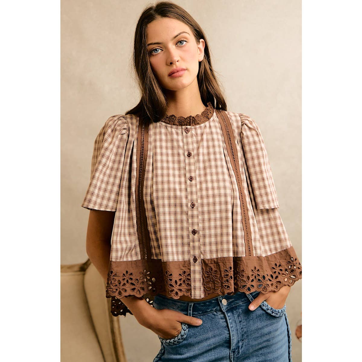 CHECK LACE TRIM FLUTTER SLEEVES BLOUSE TOP