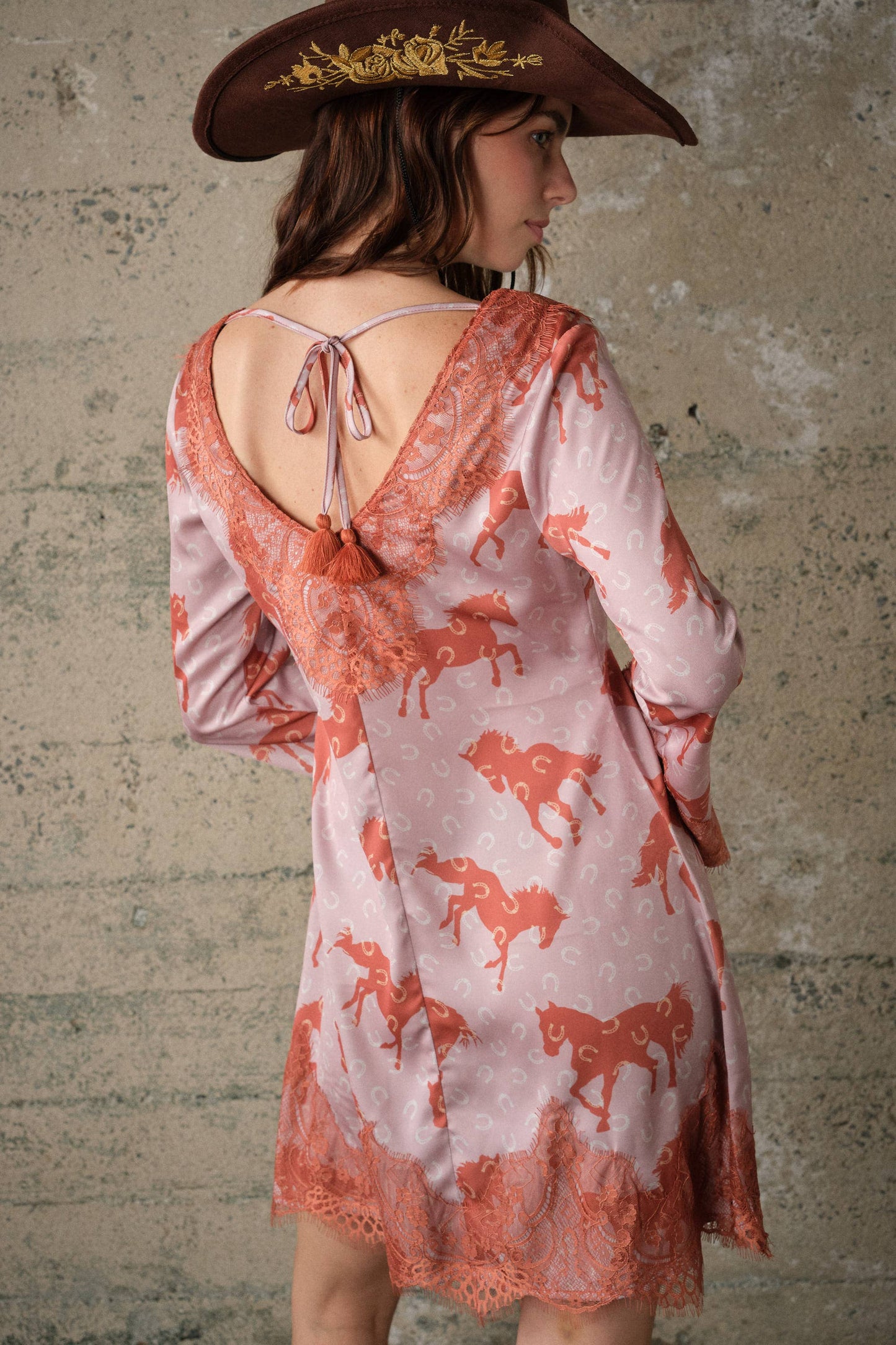 Western Horse Print Satin Lace Dress