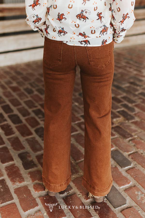 Camel Stretch Denim Western Arrow Wide Leg Jeans