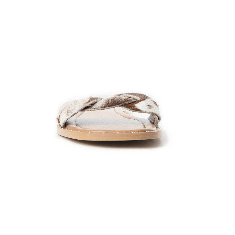 Pearline Hair-On Hide Marble Slide Sandals – Brown & White
