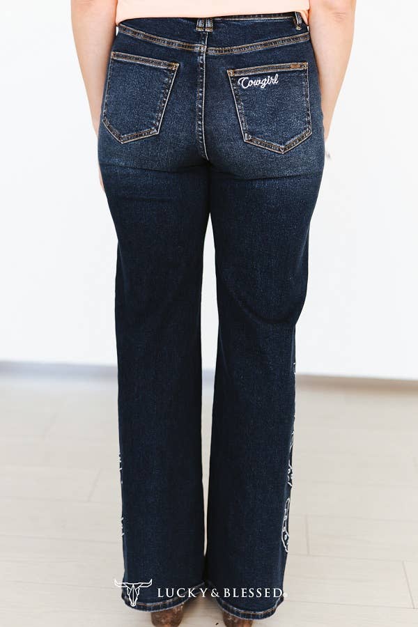 Dark Wash Horse Embroidered High Rise Wide Leg Cuffed Jeans