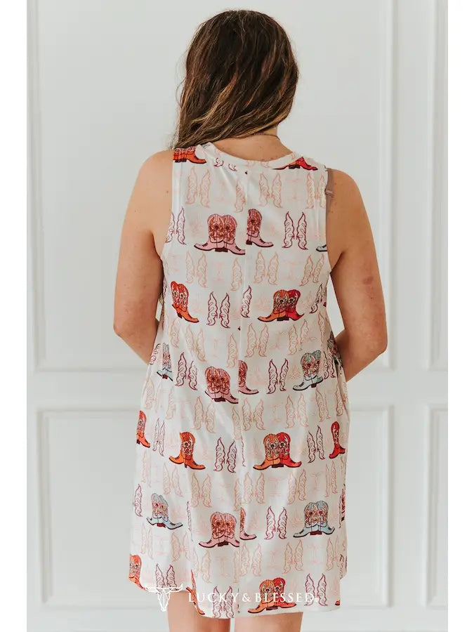 Cowgirl Boot Print Dress — Sleeveless Side Pocket Western Mini