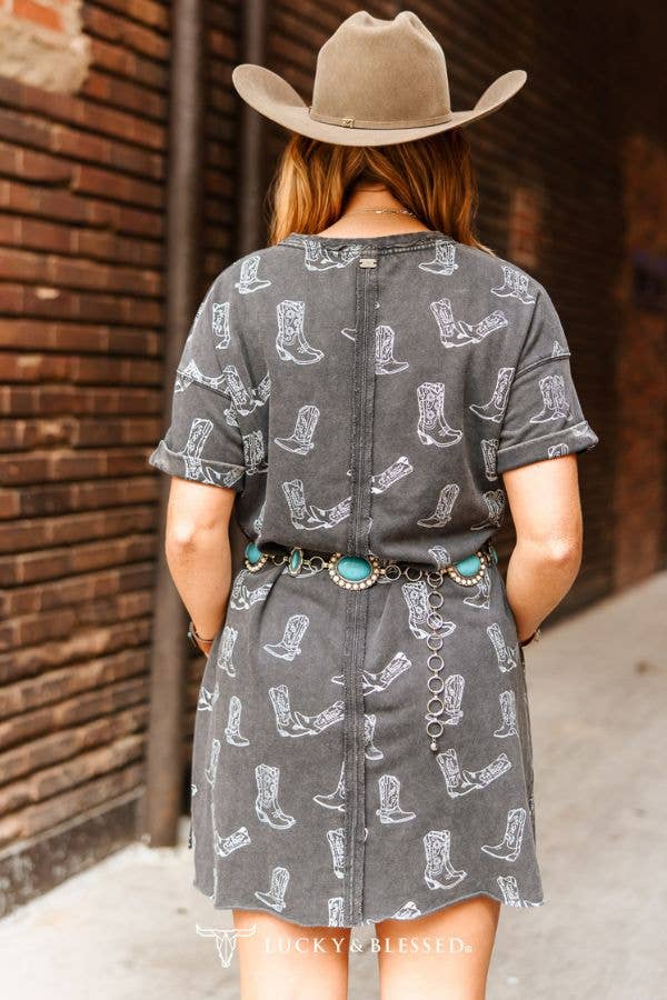 Grey Charcoal Mineral Washed Western Boots Printed Dress