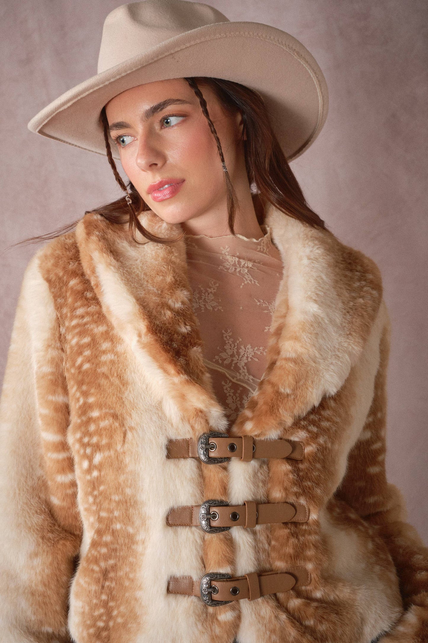 Buckled Deer Print Faux Fur Jacket