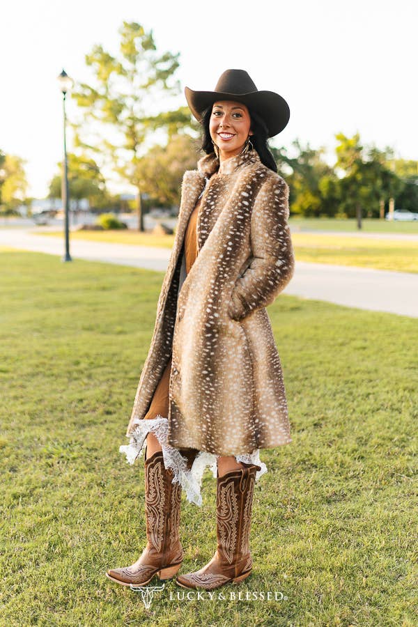 Brown Deer Faux Fur Western Longline Coat