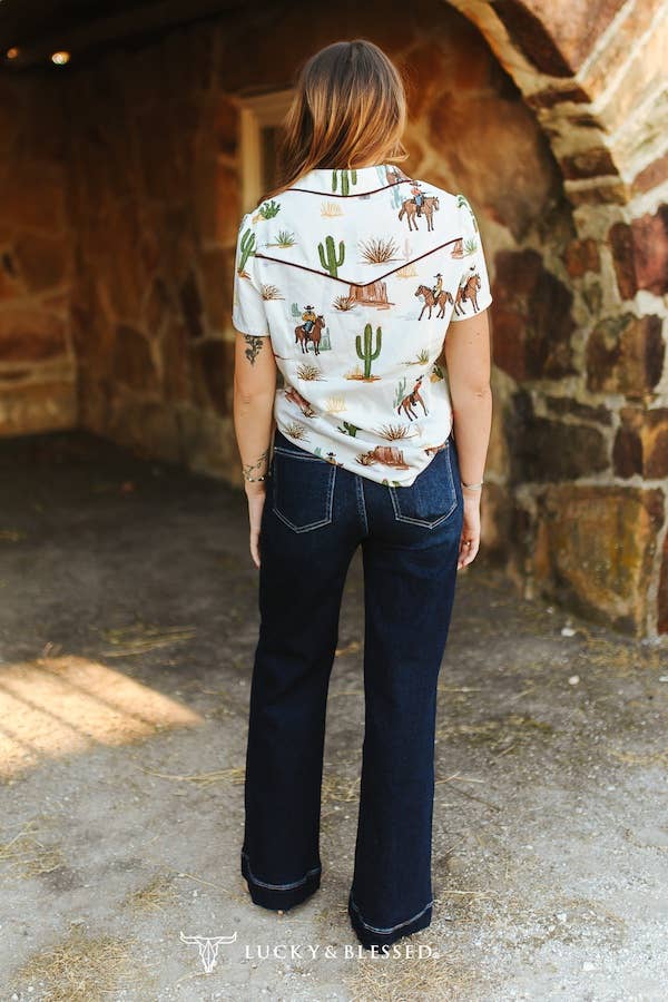 Dark Wash Western Two-Tone Stitch Flare Jeans