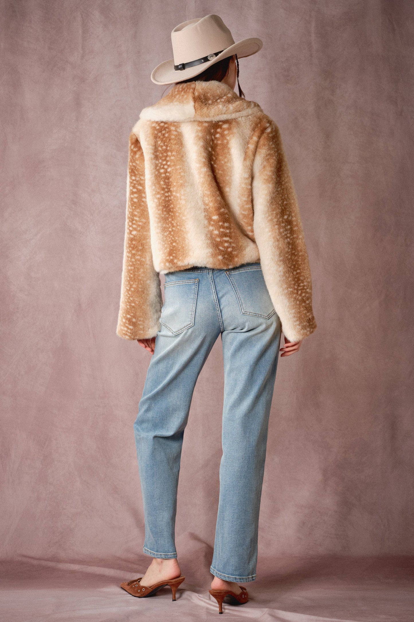 Buckled Deer Print Faux Fur Jacket