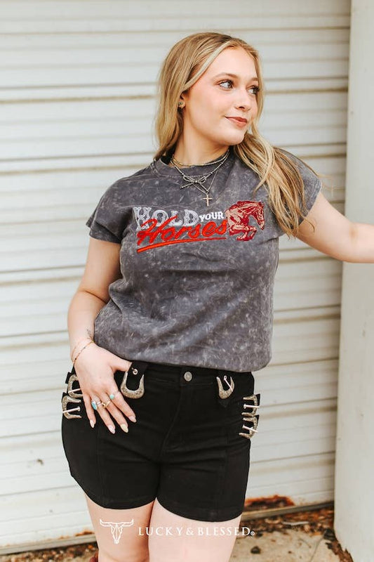 Grey Mineral Wash "Hold Your Horses" Embroidered Graphic Tee