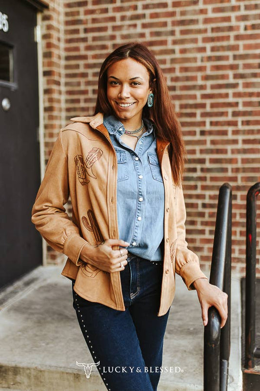 Camel Suede Western Yoke Concho Button Down Shirt