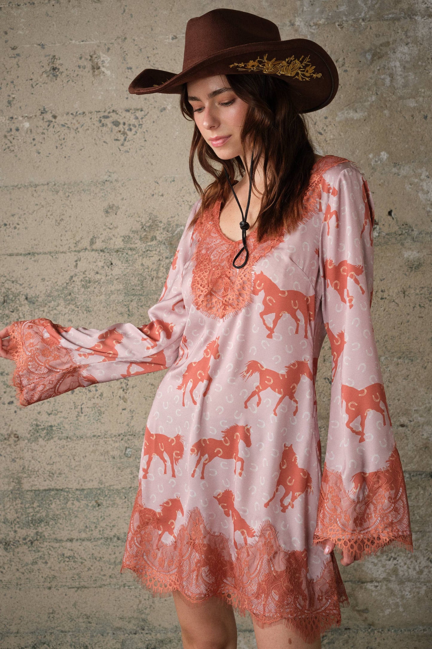 Western Horse Print Satin Lace Dress