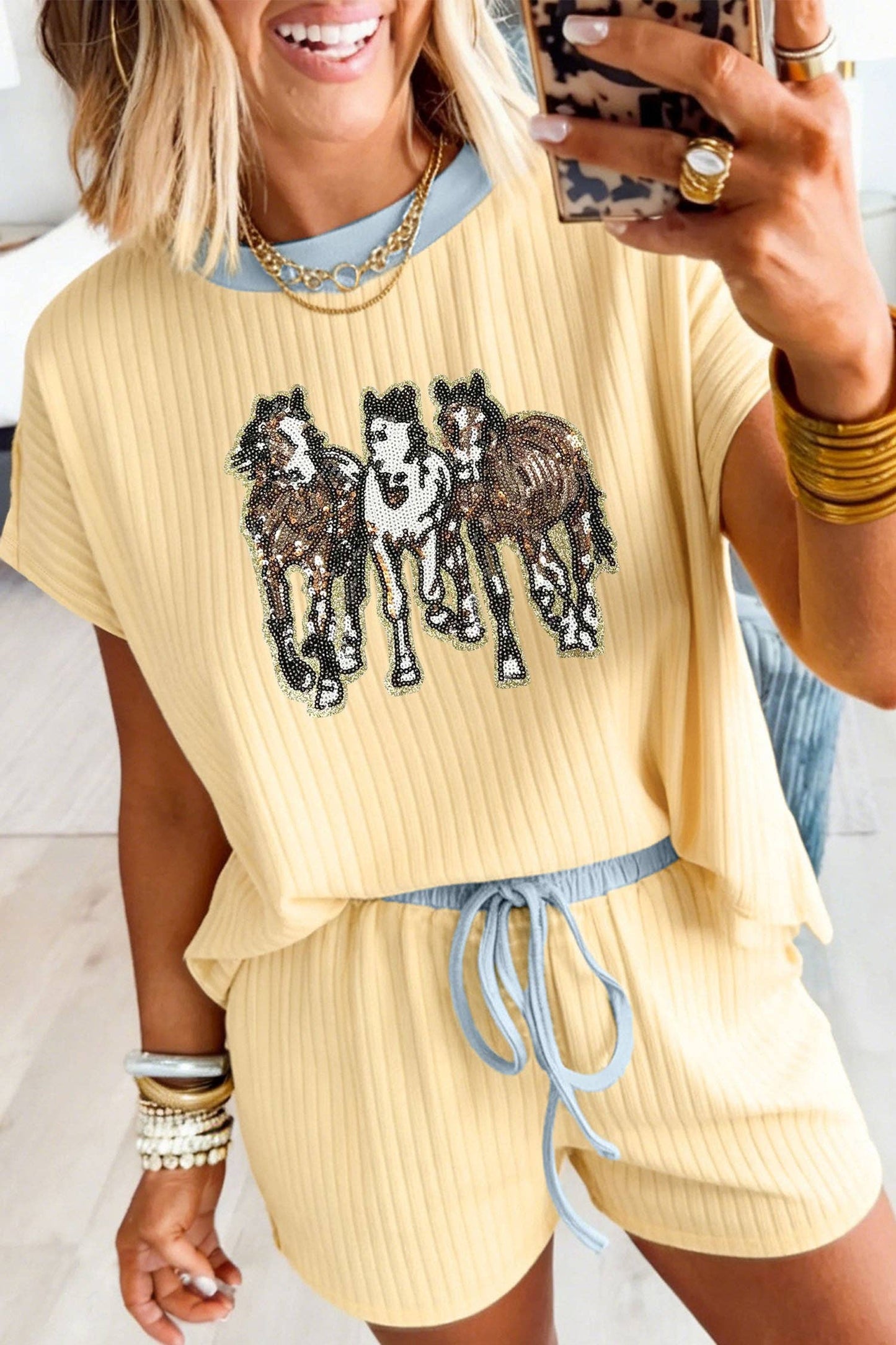New Yellow Cream Ribbed Knit Two Piece Set Sequin Horse Casual Short Set
