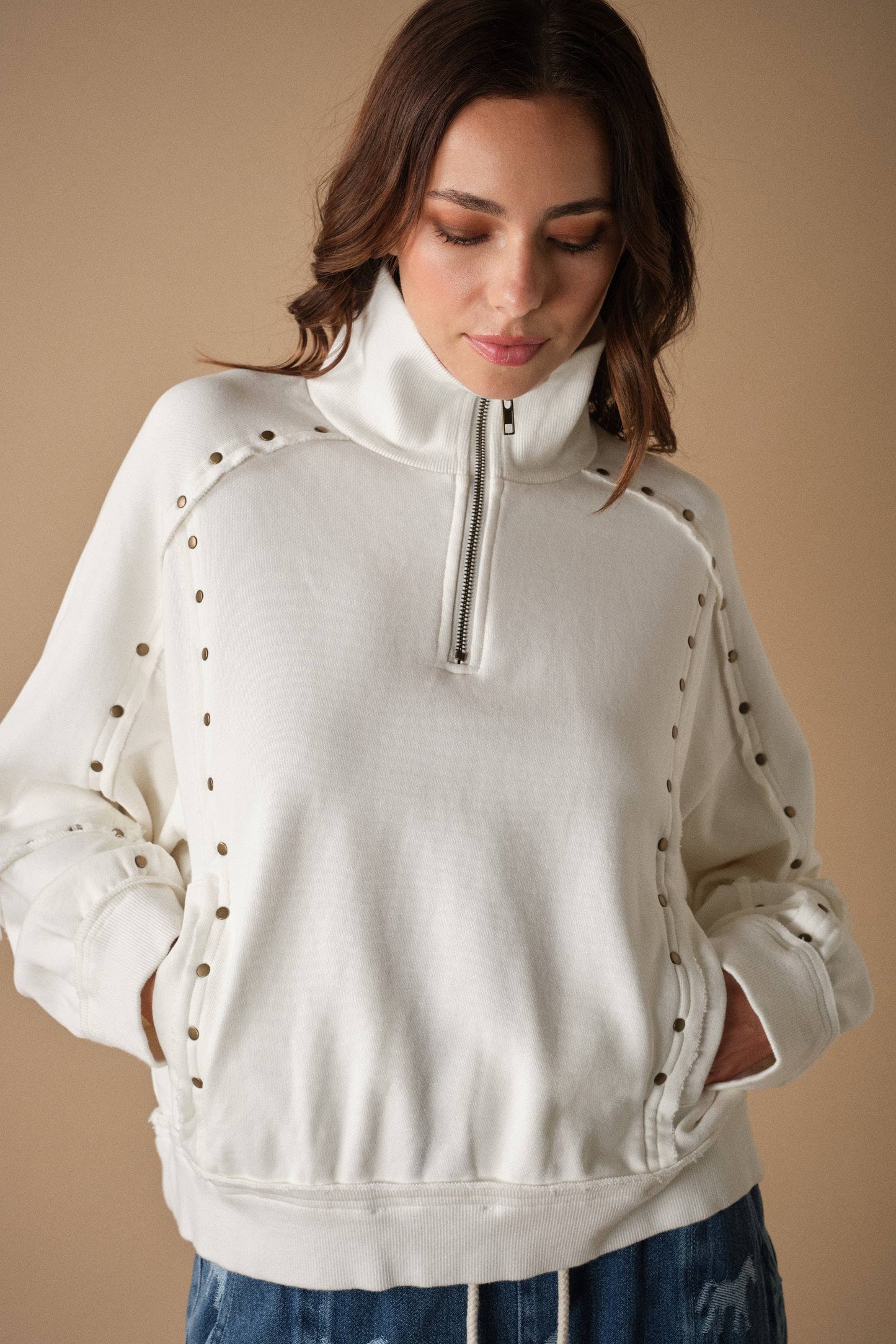 Studded Half-Zip Sweatshirt Black & Cream